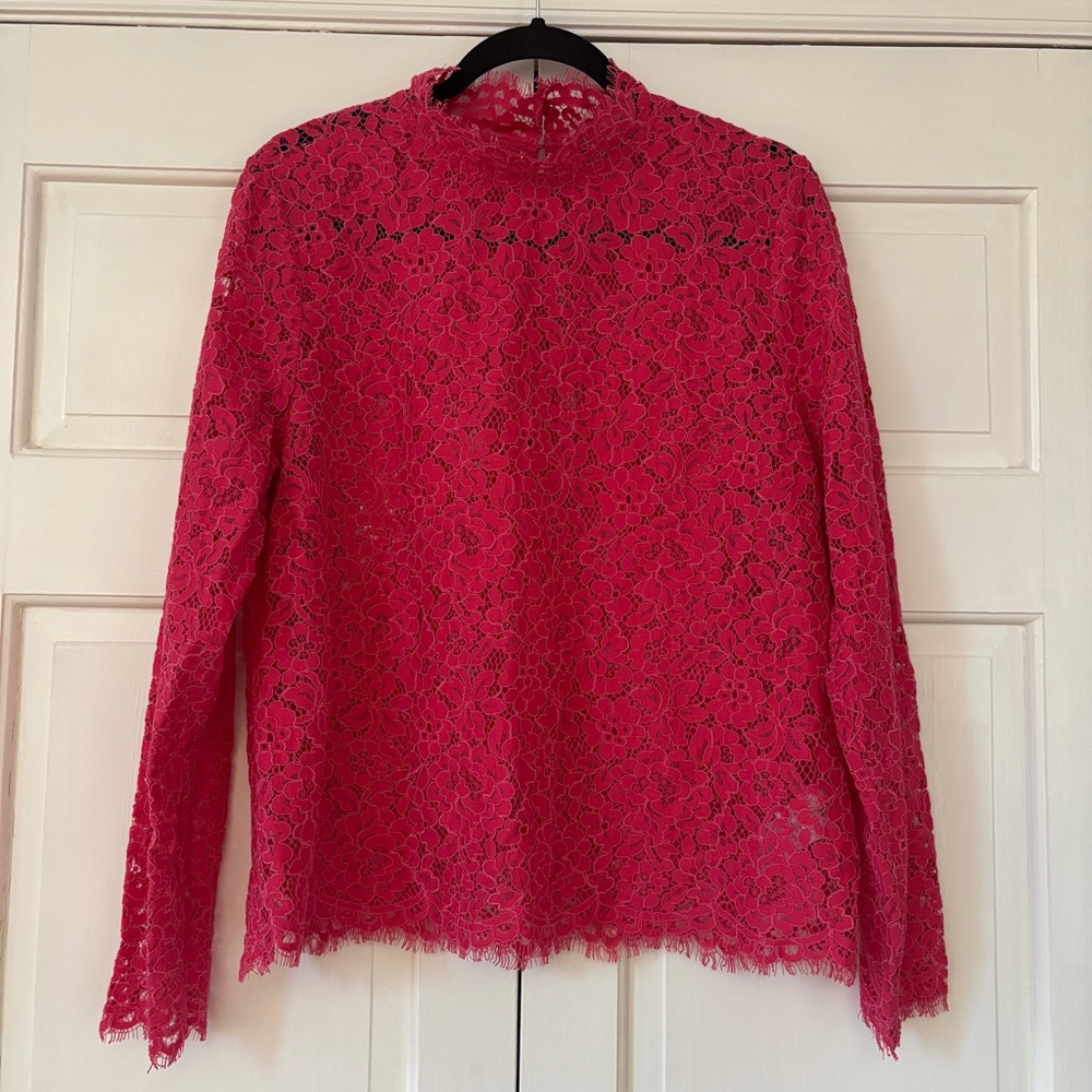 J. Crew Scalloped Lace Mockneck Top Vibrant Pink Lace Blouse Size 14‎ Sheer Glam - Picture 2 of 12